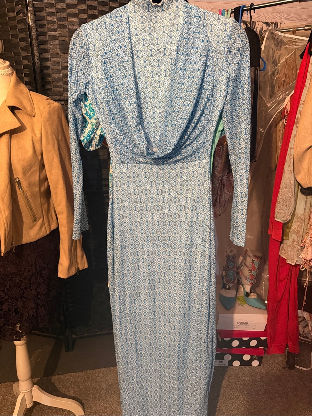 Light Blue Printed Long Sleeve Maxi Dress with Cowl Back